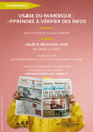 Affiche de la conférence "Usage du numérique" : apprendre à vérifier des infos". Toutes les informations qu'elle comporte sont détaillées dans le texte de cette page d'actualité. 